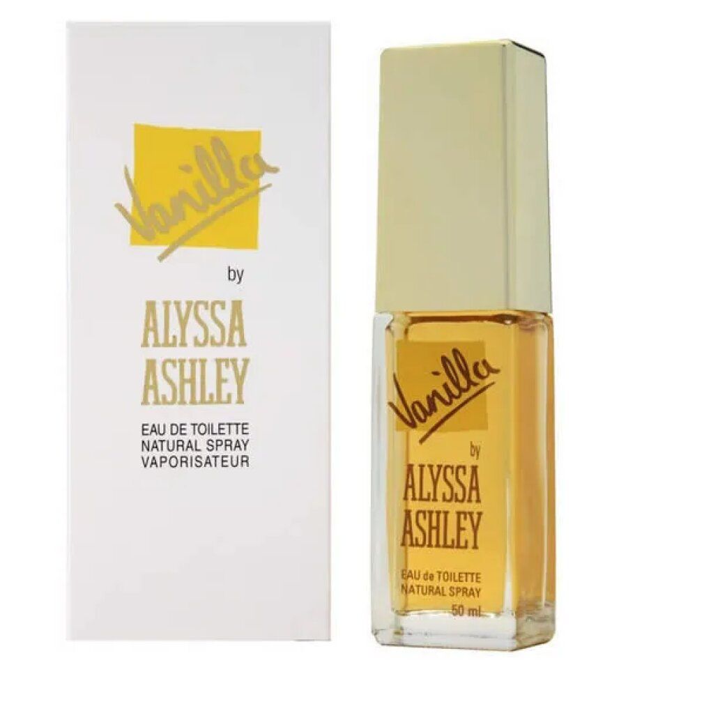 Alyssa Ashley Vanilla Eau de Toilette Spray. Flacone e confezione. Etichetta bianca con accento giallo. Testo: Vanilla, Alyssa Ashley.