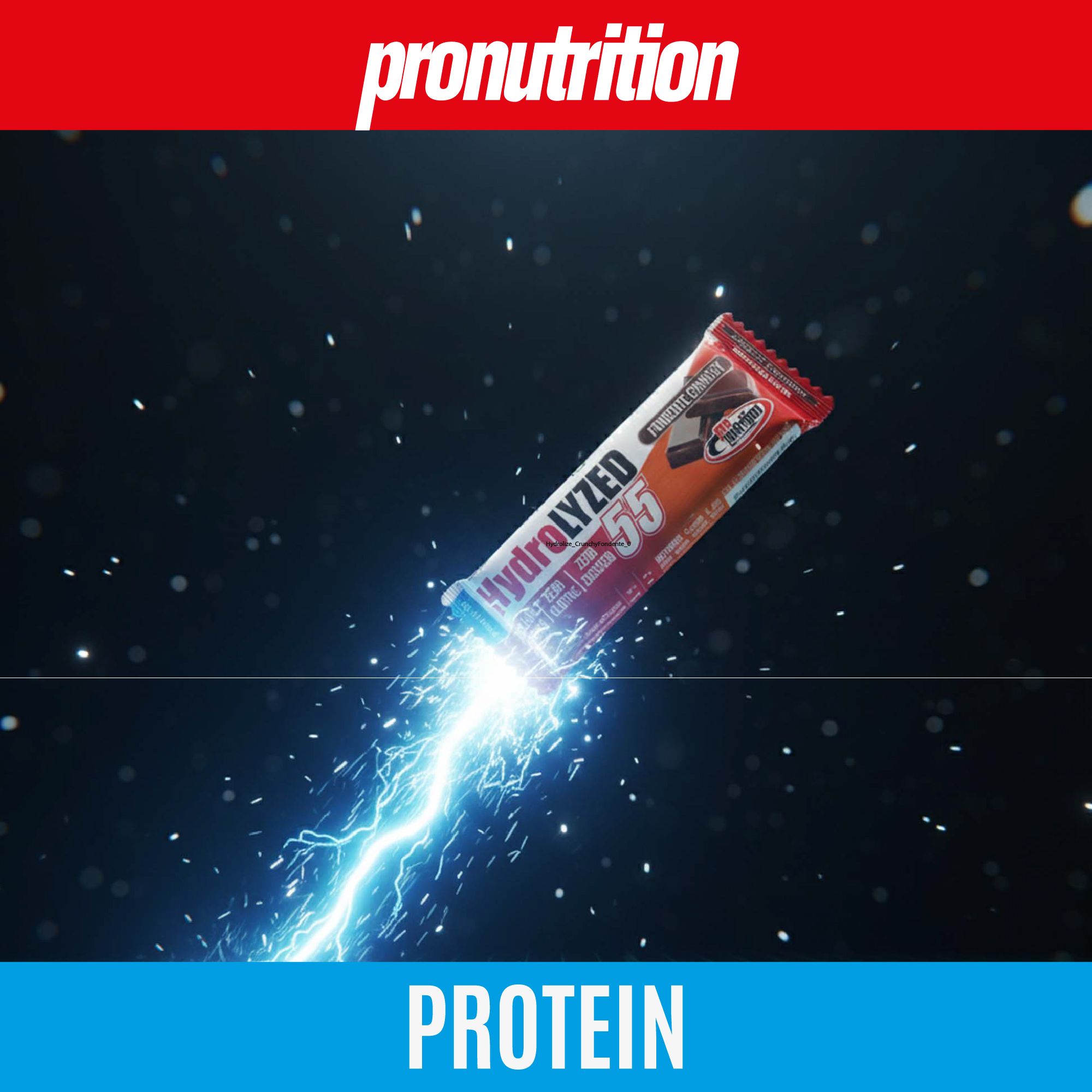 Barretta proteica "Hydrolyzed 55" con effetto fulmine. La barretta è rosso-arancio con pezzi di cioccolato.