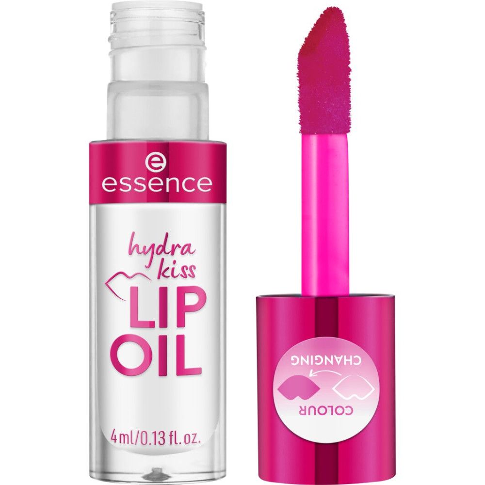 Flacone di olio per labbra con applicatore rosa. Scritta: "Essence Hydra Kiss Lip Oil". Indicatore di cambio colore.