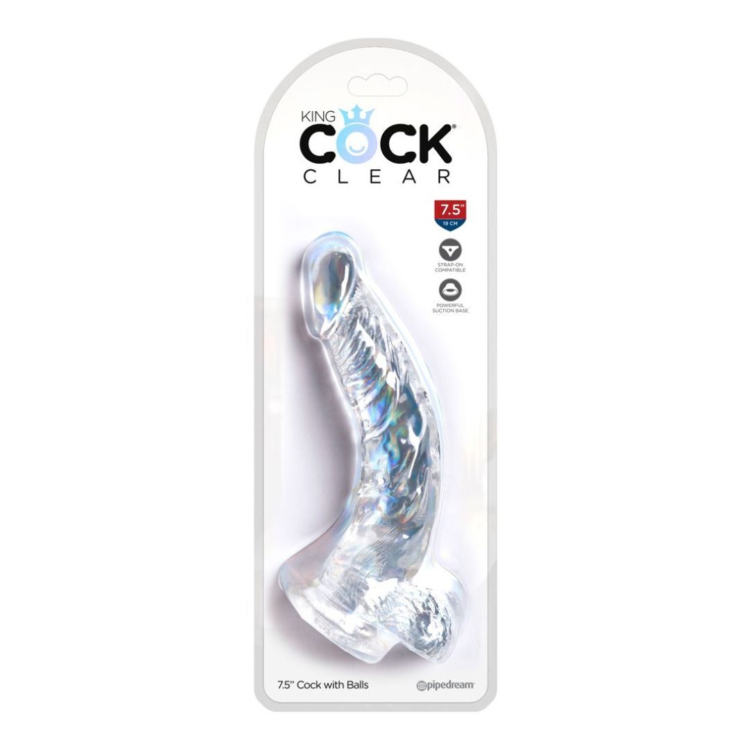 Confezione con dildo trasparente. Marchio King Cock Clear. Nome e dimensioni del prodotto sulla confezione.