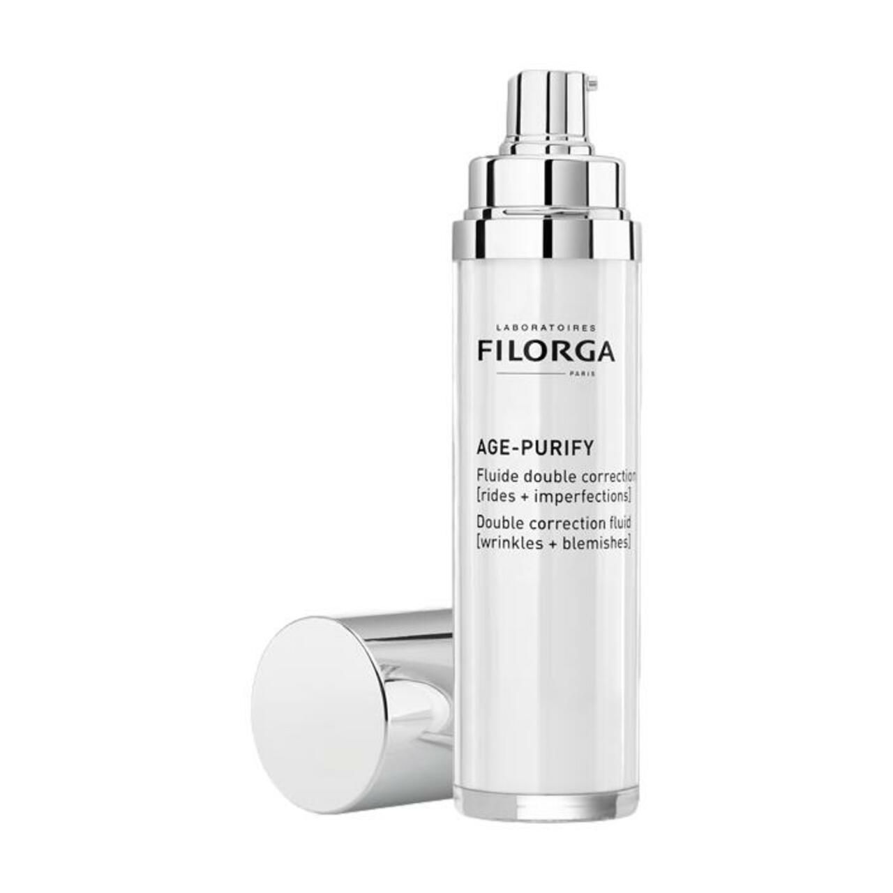 Filorga Age-Purify Fluido con erogatore e tappo argentato rimosso.