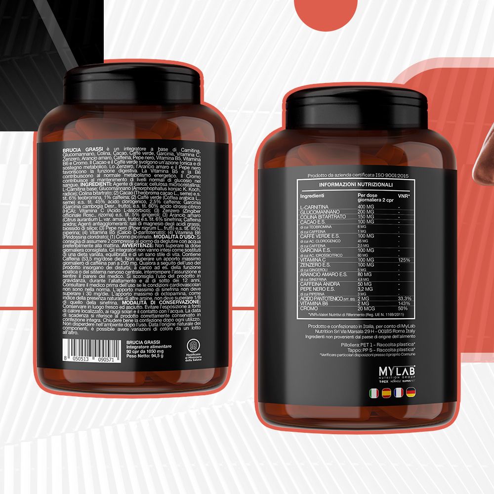 Due flaconi di compresse marroni. Scritta: Rexiburn Bruciagrassi. Elenchi ingredienti e informazioni nutrizionali. Logo MYLAB.