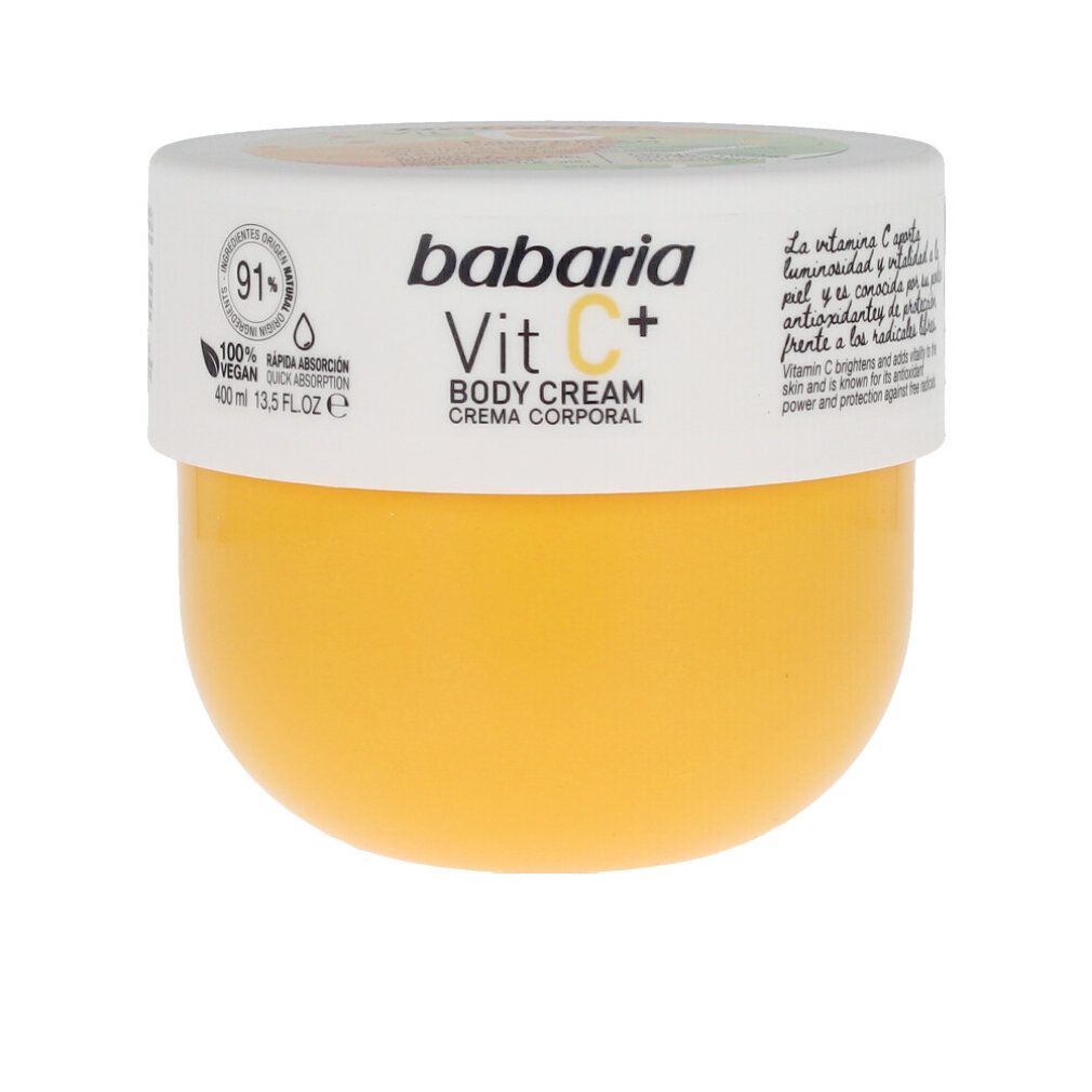 Crema corpo Babaria Vit C+ in un barattolo giallo con coperchio bianco. 100% vegan.