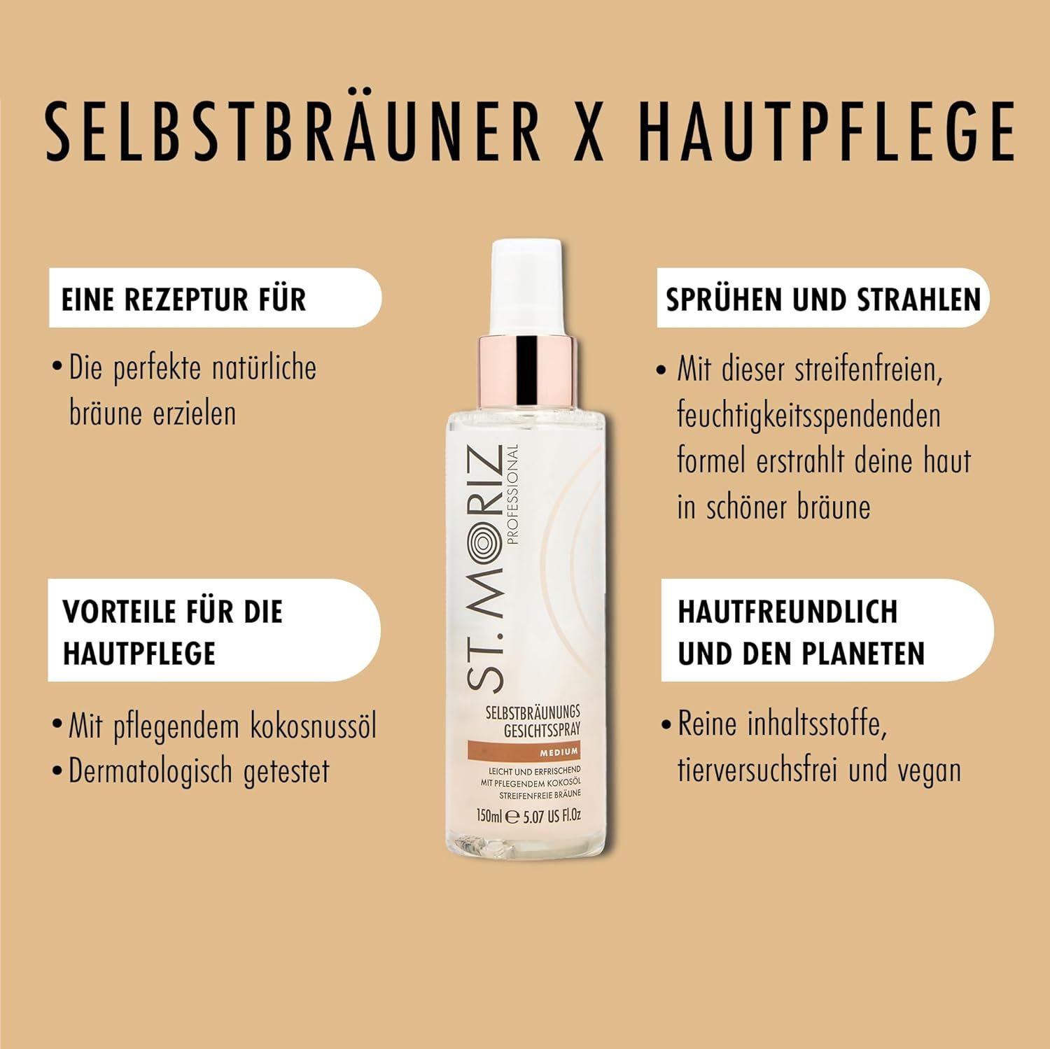 Prodotto con testo: Autoabbronzante x Cura della pelle. Vantaggi per la cura della pelle, spruzzare e brillare, delicato sulla pelle e sul pianeta.