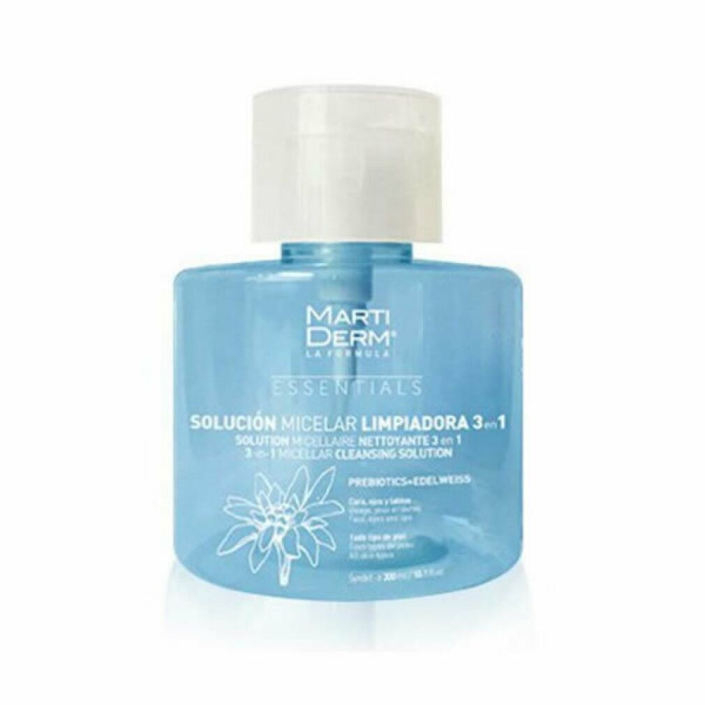 Flacone blu con tappo bianco. Scritta: Marti Derm Essentials, Solución Micelar Limpiadora 3 en 1. Con motivo floreale.