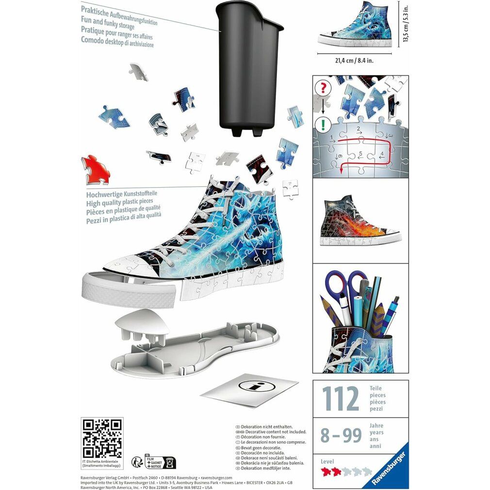 Sneaker puzzle 3D blu e bianco, con pezzi e portapenne. Contiene penne, forbici. Scritte: 112 pezzi, 8-99 anni, Ravensburger.