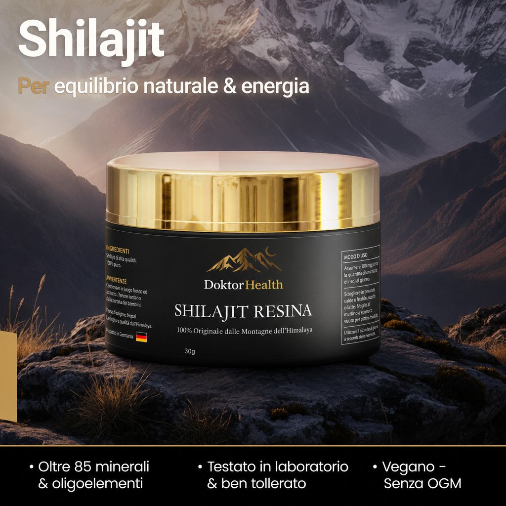 Vasetto nero con coperchio dorato, contenente Doktor Health Shilajit Resina, su sfondo montuoso.