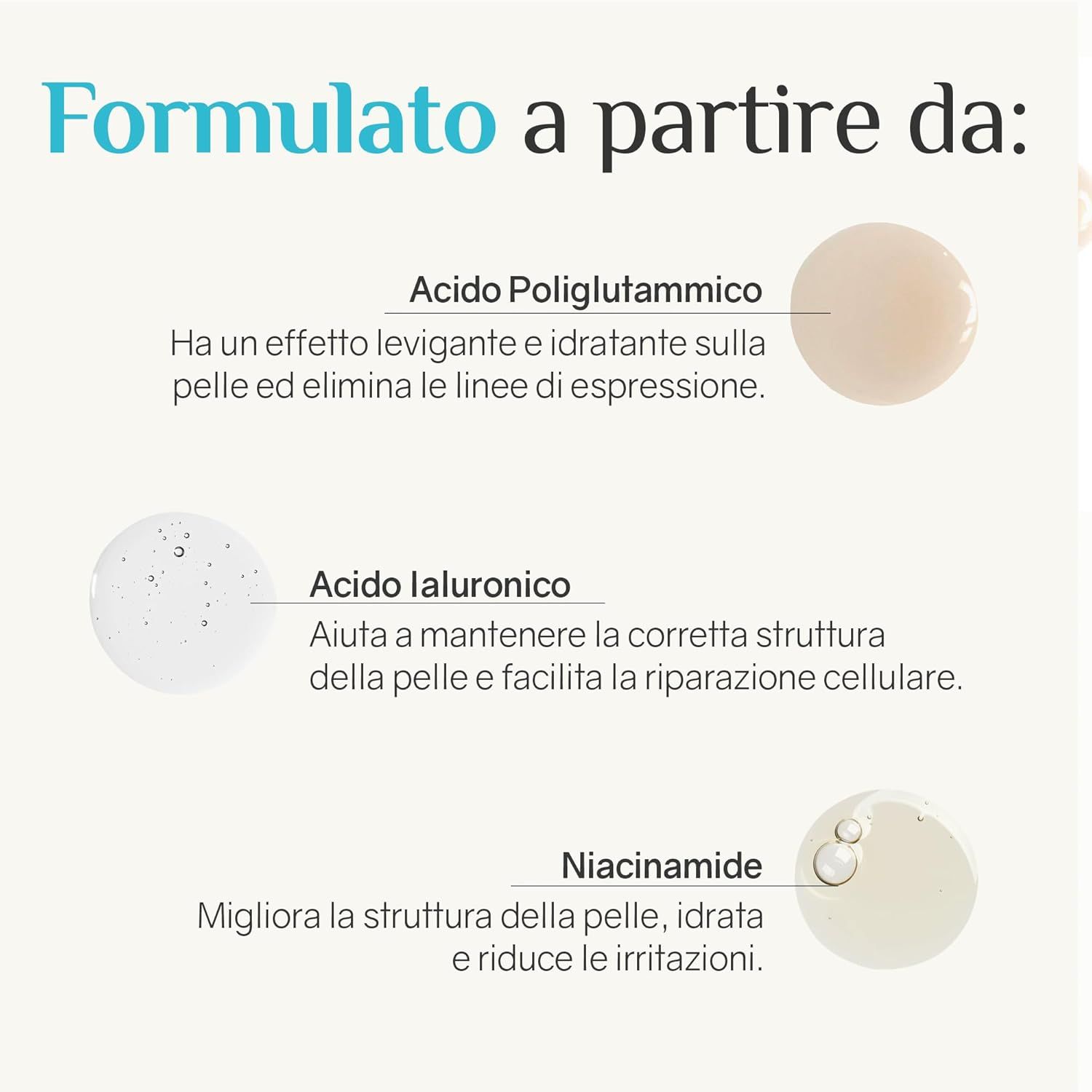 Tre illustrazioni a goccia. Testo: Acido poliglutammico, acido ialuronico, niacinamide. Descrizioni degli ingredienti.