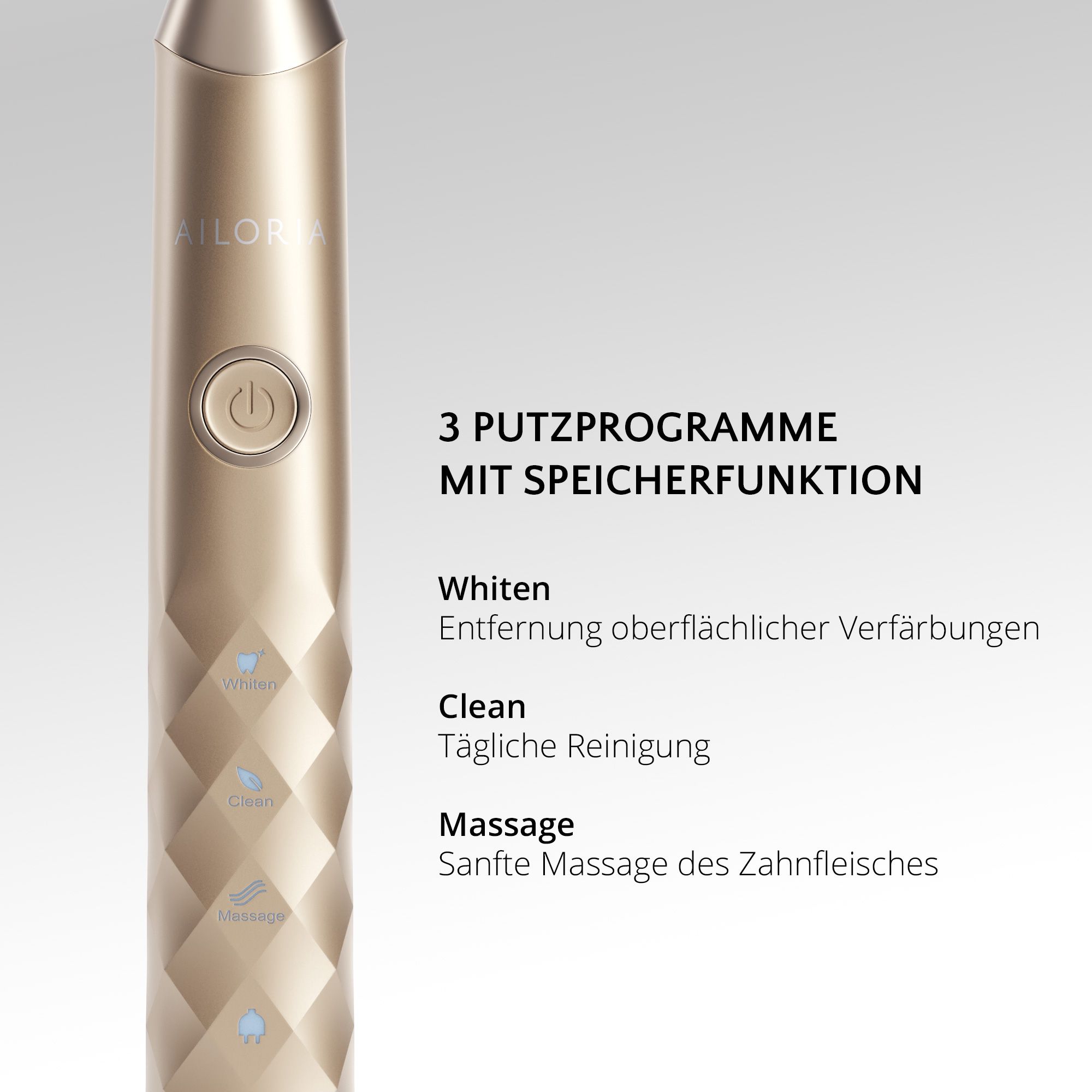 Spazzolino dorato con tre programmi: Whiten, Clean, Massage. Testo in tedesco.