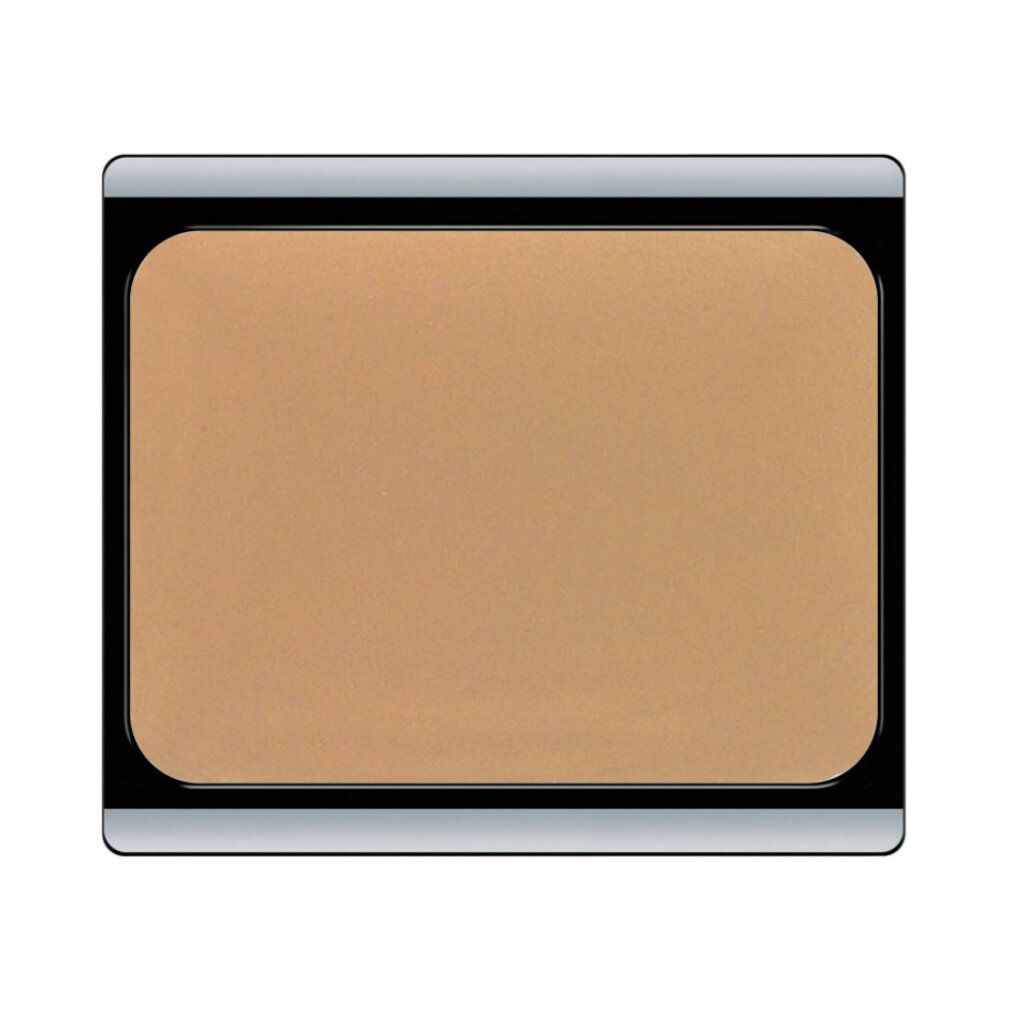 Crema camouflage compatta e rettangolare. Colore beige-marrone in un contenitore nero con bordo argentato.