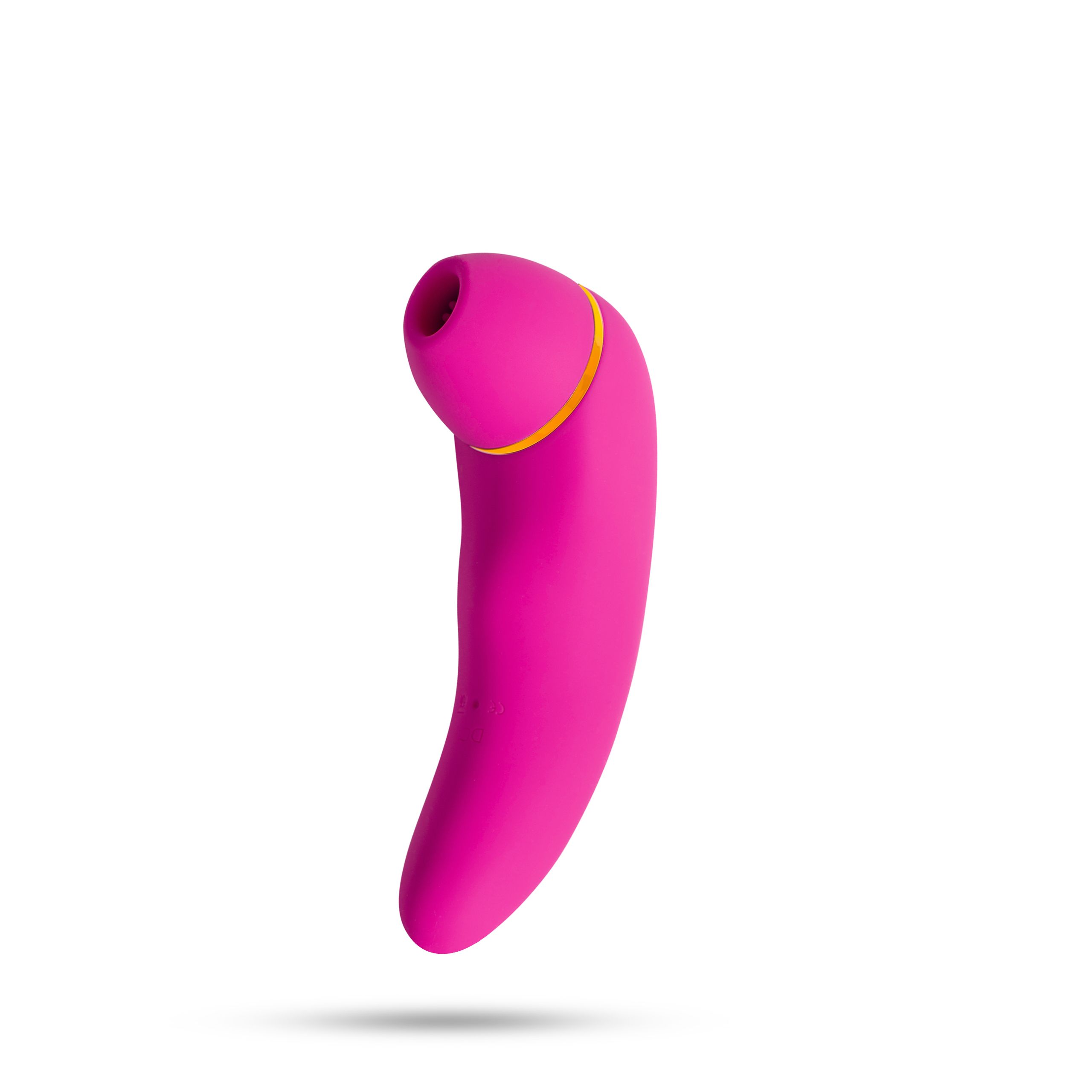 Vibratore rosa, forma arrotondata, dettaglio dorato. Su sfondo bianco.