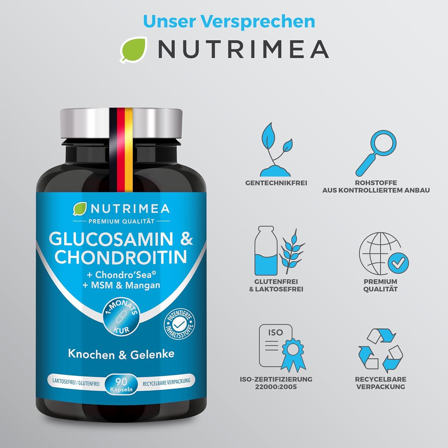 Flacone scuro con etichetta blu. Contiene capsule. Scritta: Nutrimea, Glucosamina & Condroitina. Con bandiera tedesca. Icone.