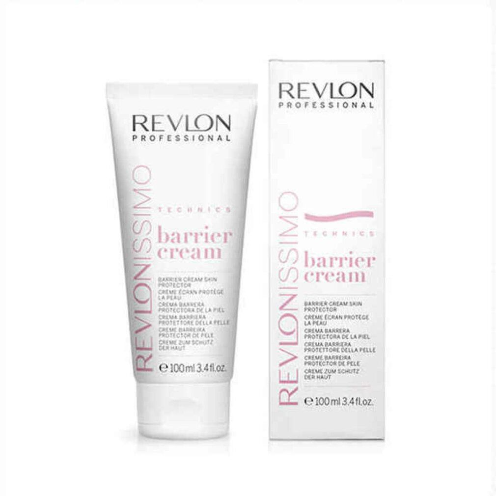 Tubo e scatola Revlon Professional Barrier Cream. Testo multilingue. Design bianco con dettagli rosa.