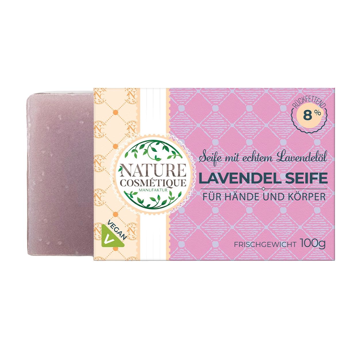 Sapone Lavanda accanto alla confezione. Nature Cosmetique. Vegan. Sigillo "Sehr gut".