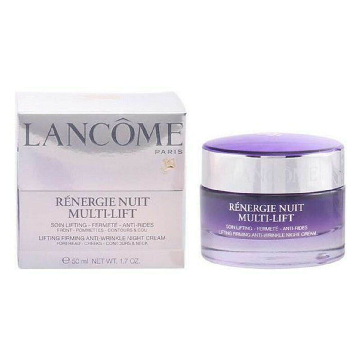 Vasetto di crema e scatola. Scritta: LANCÔME, RÉNERGIE NUIT MULTI-LIFT. Vetro viola, coperchio argentato. Scatola: bianca, testo. 50 ml.