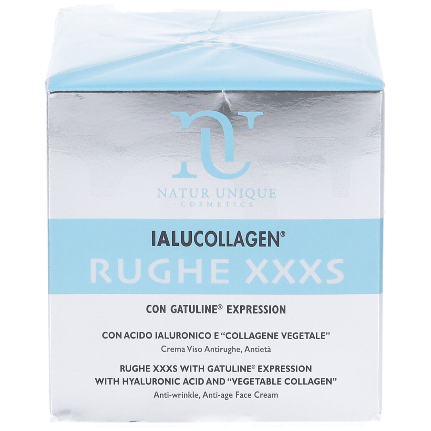 Scatola quadrata con stampa del prodotto. Scritta: IALUCOLLAGEN Rughe XXXS. Con Gatuline Expression. Crema antirughe.