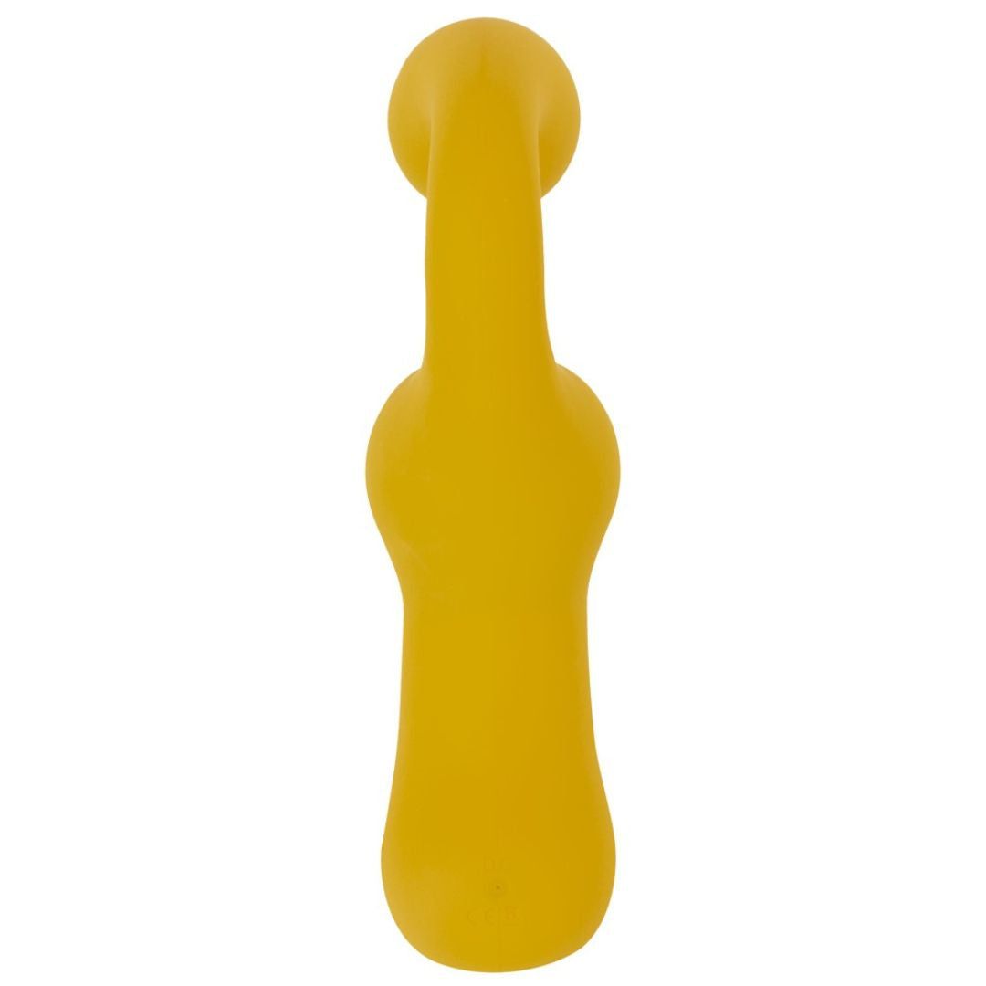 Vista posteriore di un vibratore giallo dalla forma curva.