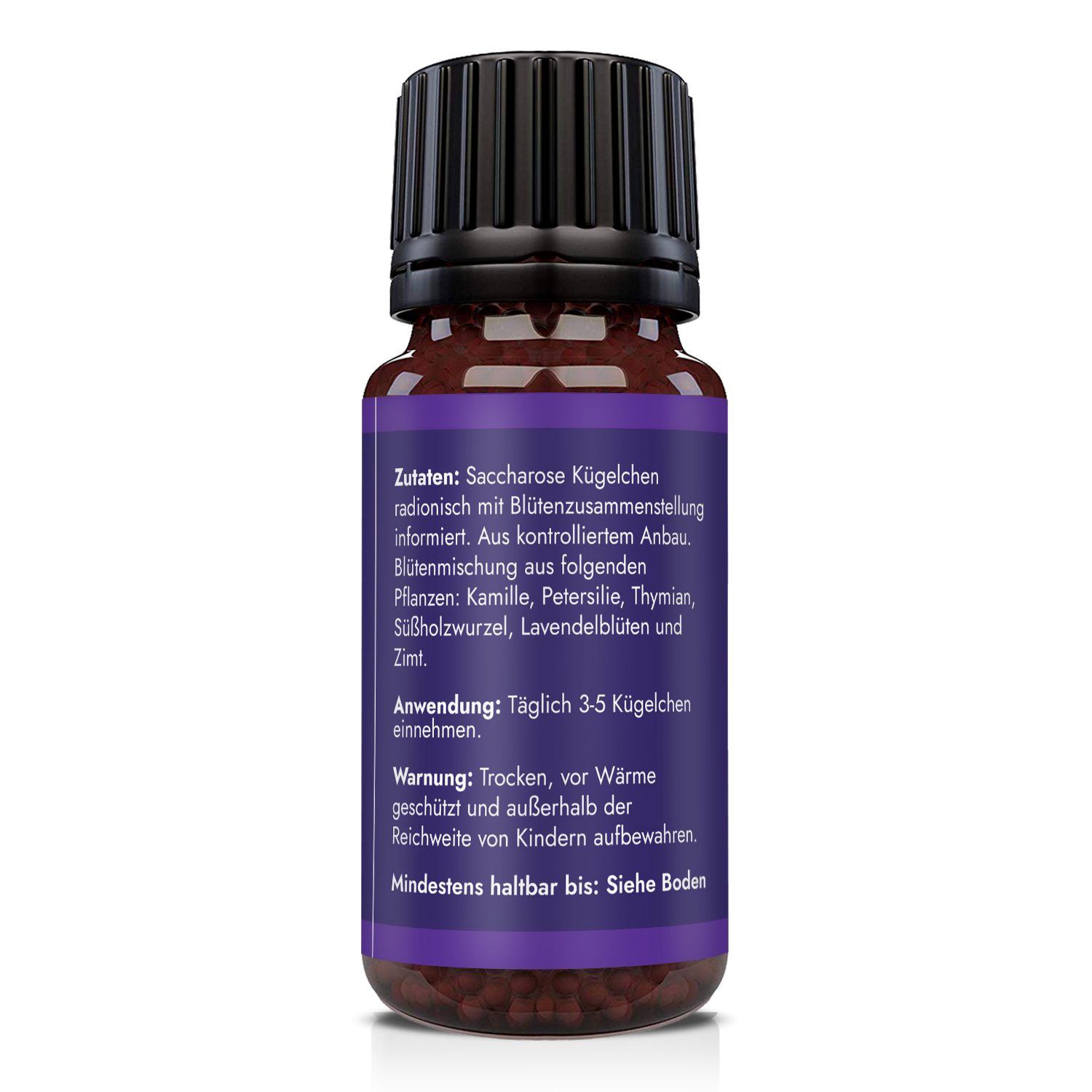 Flacone di vetro marrone con tappo nero. Etichetta viola con testo bianco. Elenco ingredienti, istruzioni per l'uso e avvertenze.