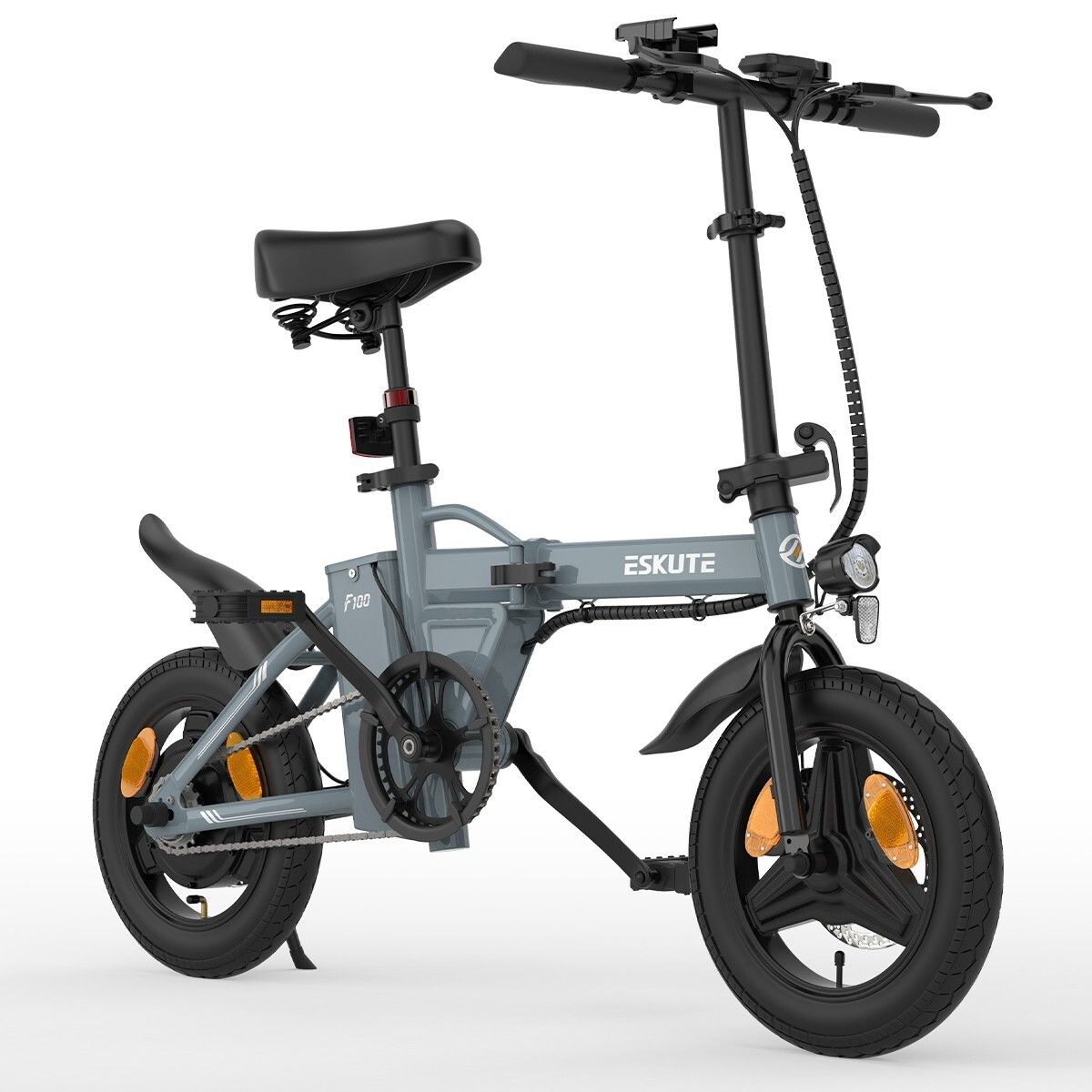 E-bike pieghevole grigio. Pneumatici, sella e manubrio neri. Marca ESKUTE, modello F100.