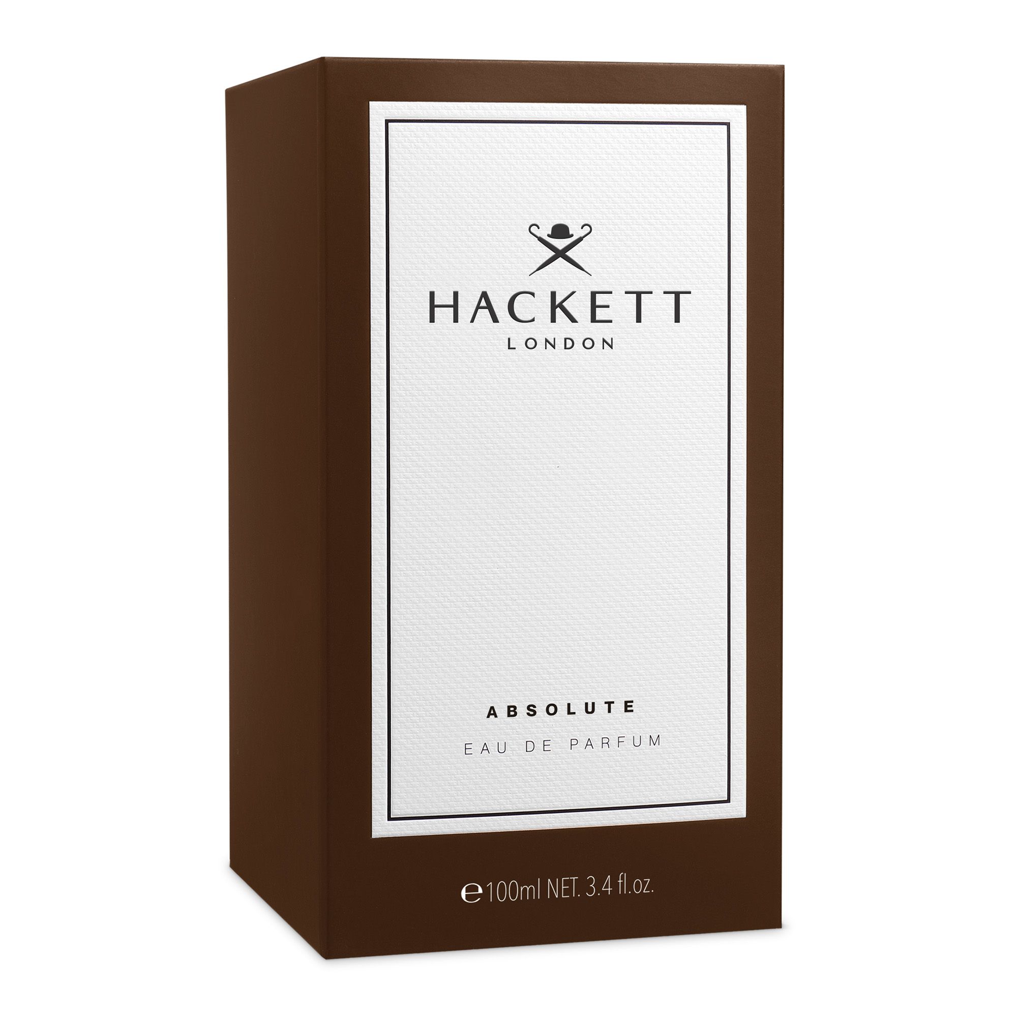 Scatola rettangolare marrone con etichetta bianca. Scritta: Hackett London, Absolute Eau de Parfum. In basso: 100ml NET.