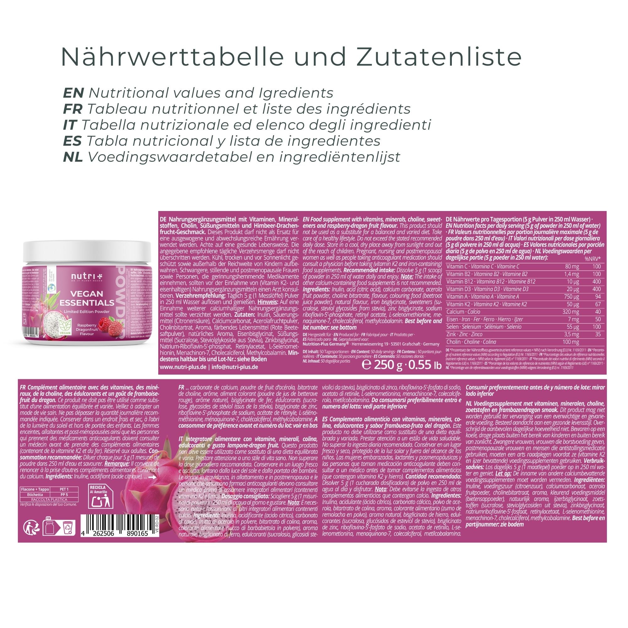 Tabella nutrizionale ed elenco degli ingredienti. Testo in tedesco, inglese, francese, italiano e olandese. Barattolo nutri+ Vegan Essentials.