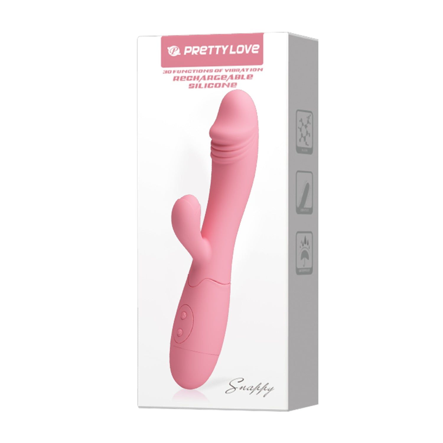 Confezione con vibratore rosa. Scritta: PRETTY LOVE, Snappy, silicone.