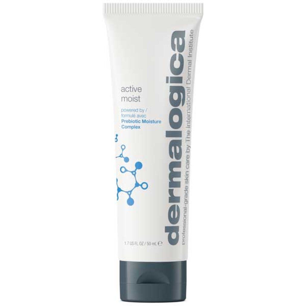 Tubo bianco con scritta Dermalogica Active Moist e motivo a struttura molecolare.