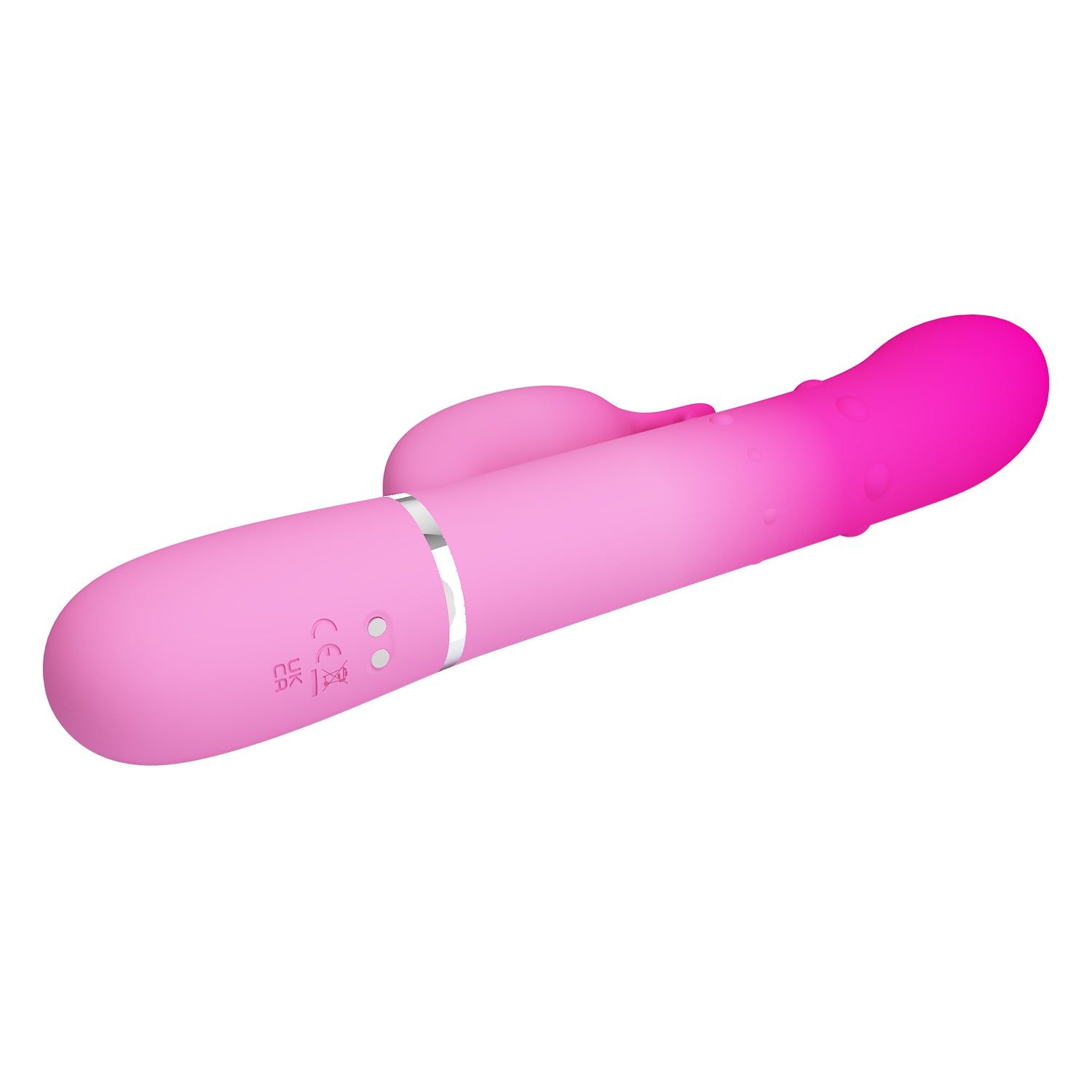 Vibratore rosa con design a coniglio. Il corpo è rosa, la testa e le orecchie sono fucsia. Pulsanti e linea argentata visibili.
