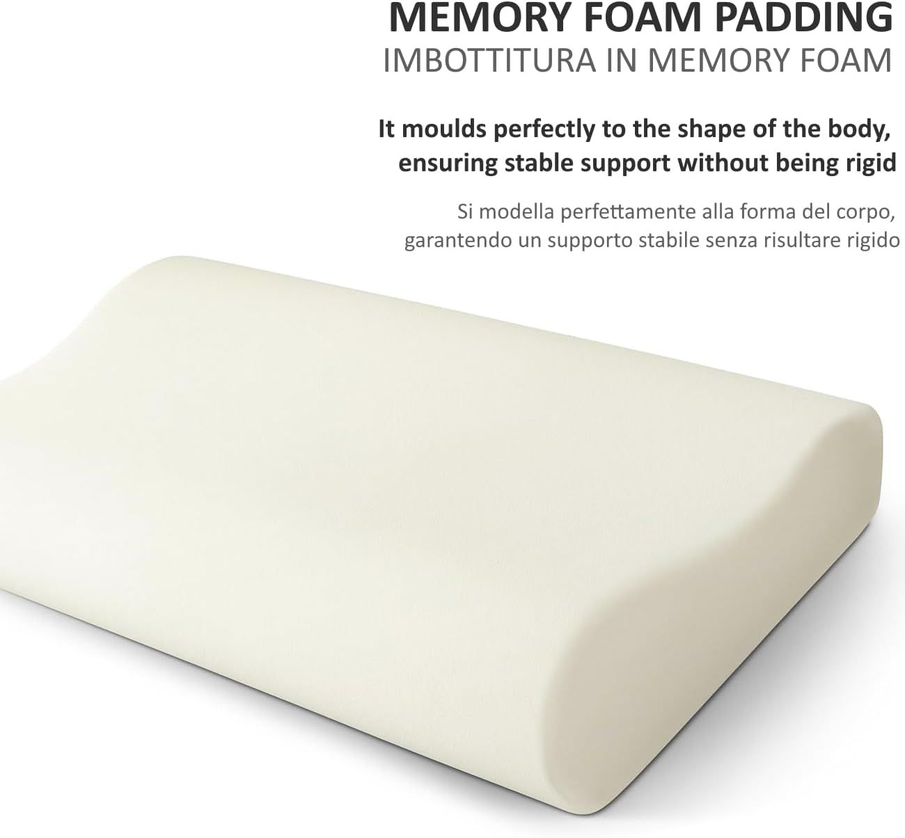 Cuscino ergonomico beige in memory foam. Testo: Imbottitura in memory foam. Si adatta al corpo.
