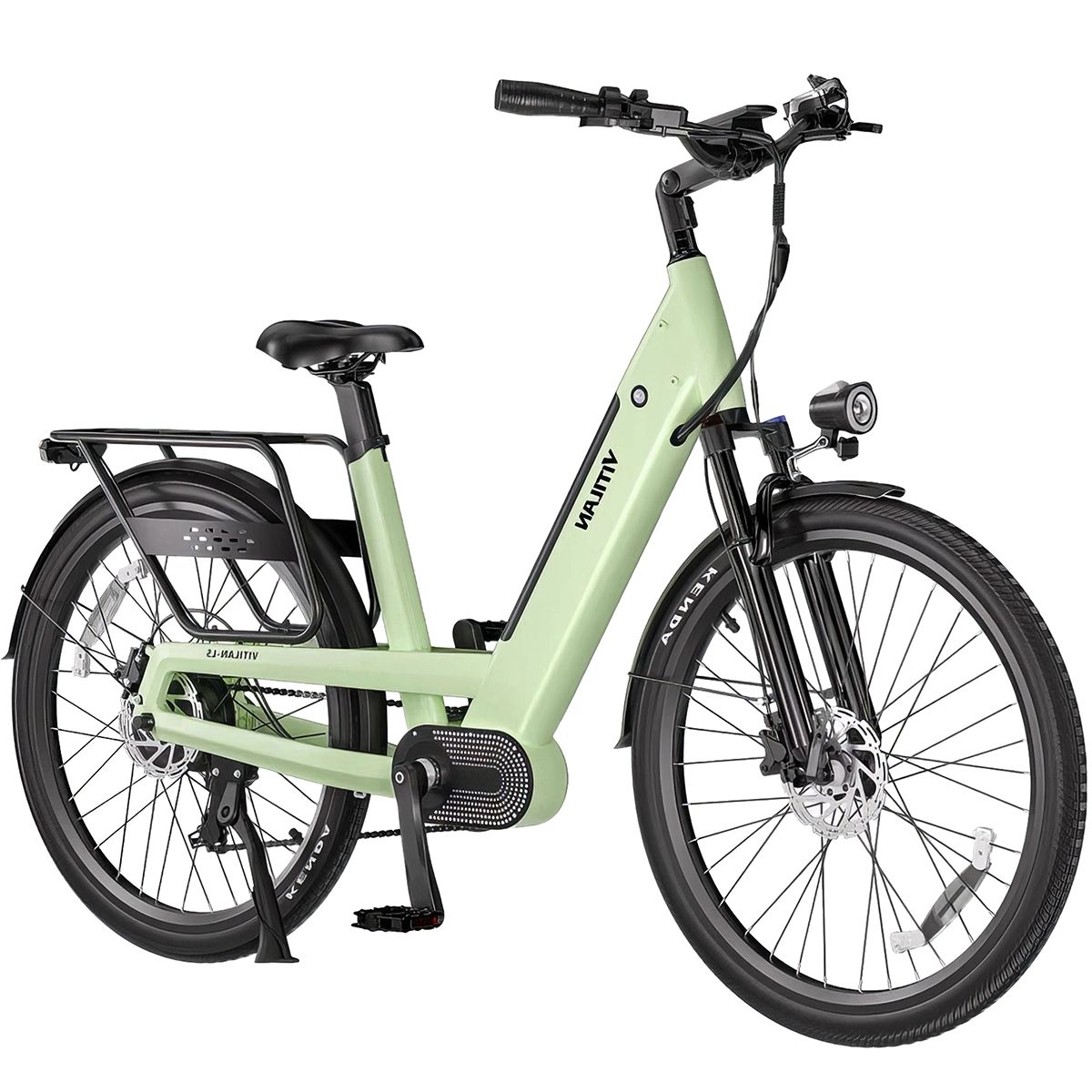 Bicicletta elettrica Vitilan L5 verde chiaro. Pneumatici neri, portapacchi e faro. Vista laterale.