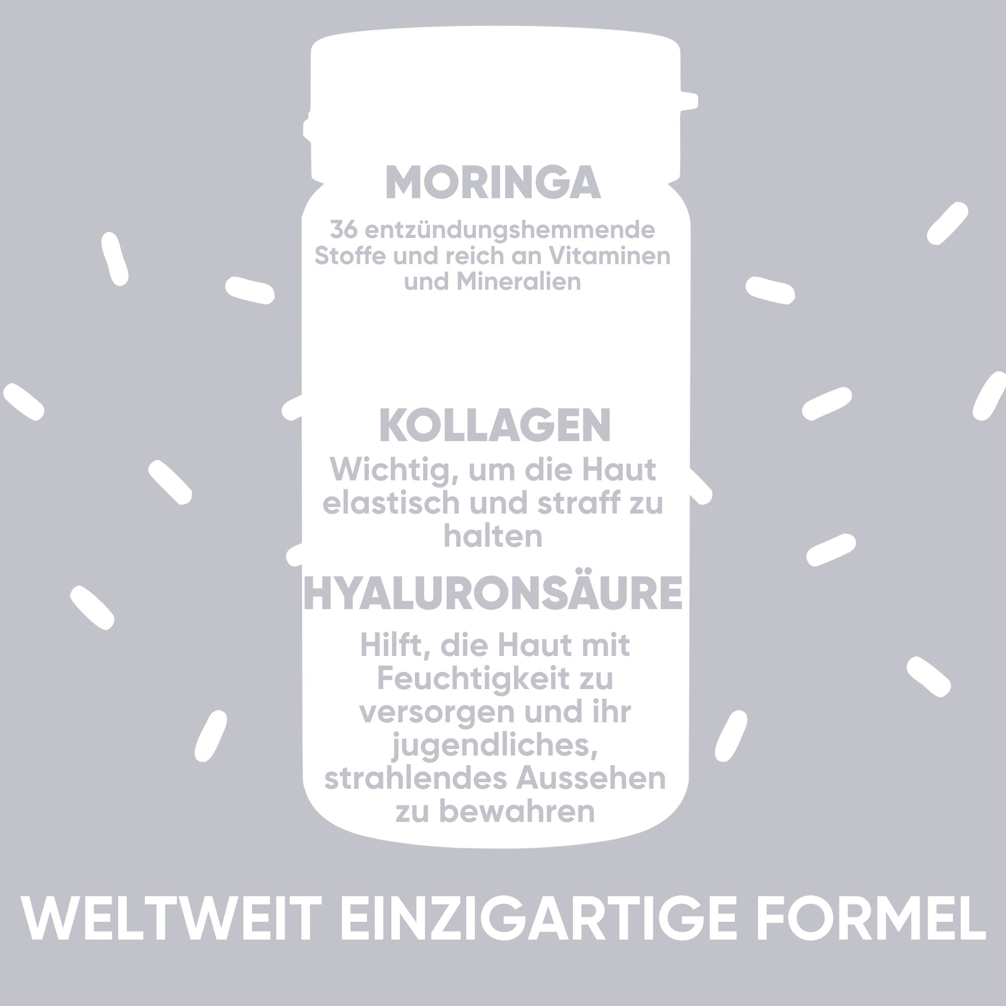 Flacone con Moringa, Collagene e Acido Ialuronico. "Formula unica al mondo".