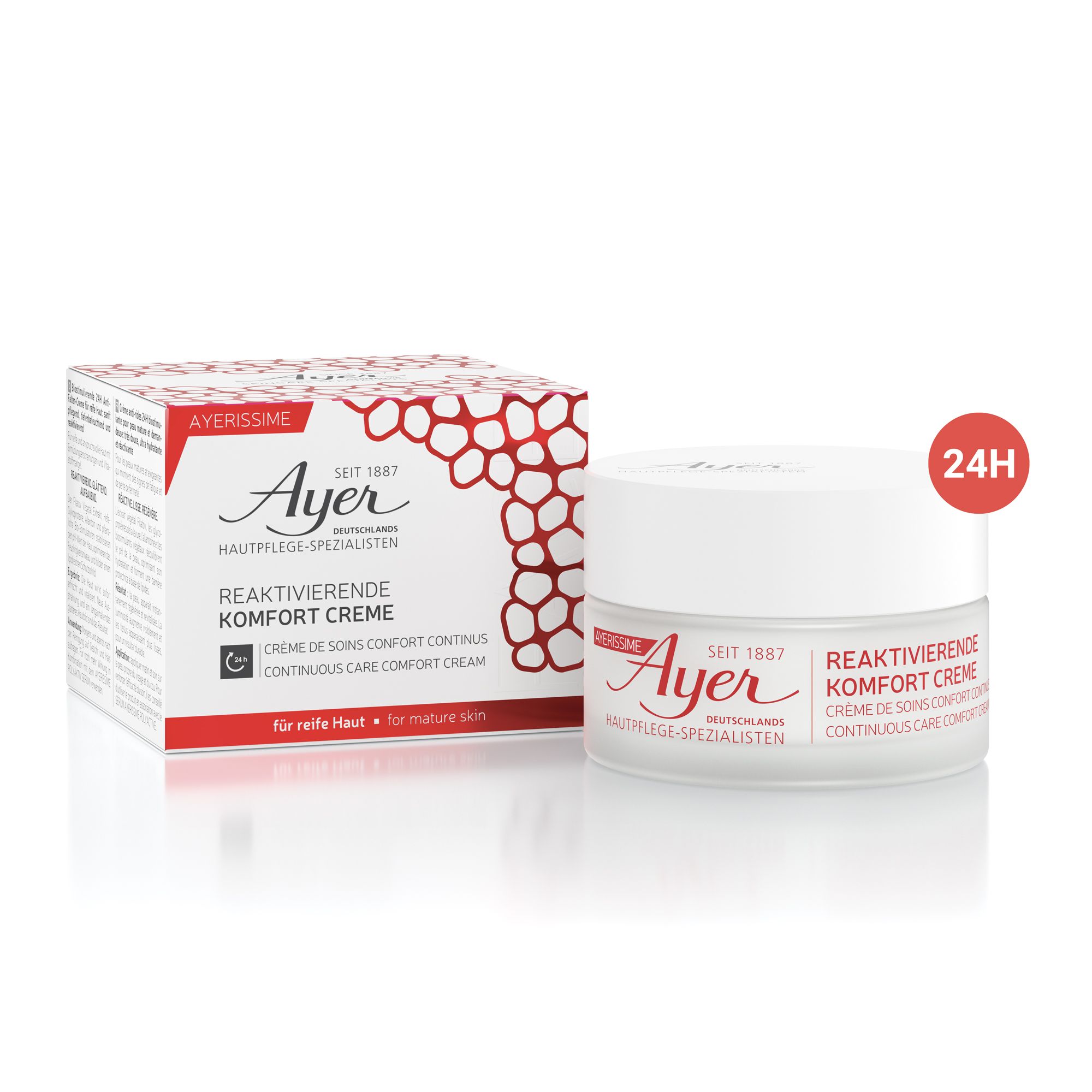 Vasetto di crema e scatola. Scritta: Ayer, Crema Comfort Riattivante, per pelli mature. Adesivo rosso 24H.
