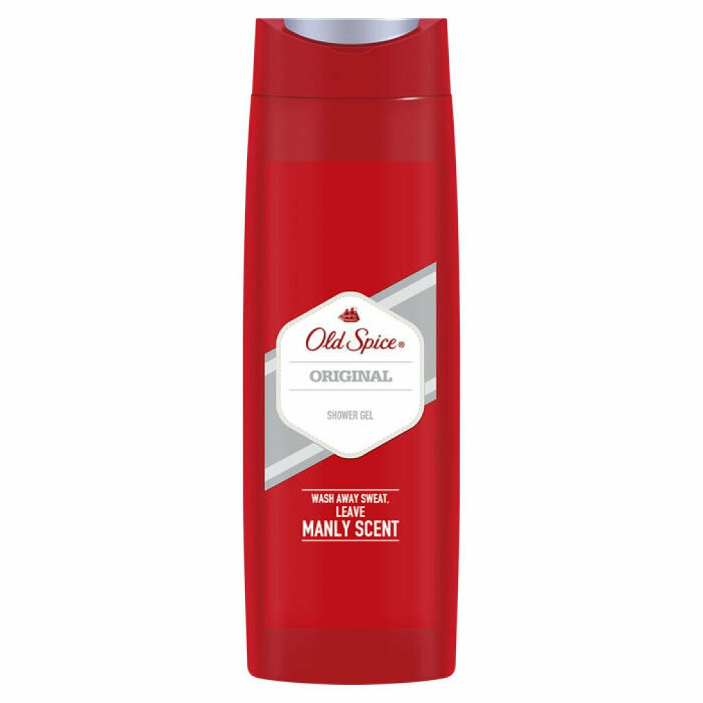 Flacone di gel doccia rosso. "Old Spice Original" e "Shower Gel" sull'etichetta. "Wash away sweat, leave manly scent".