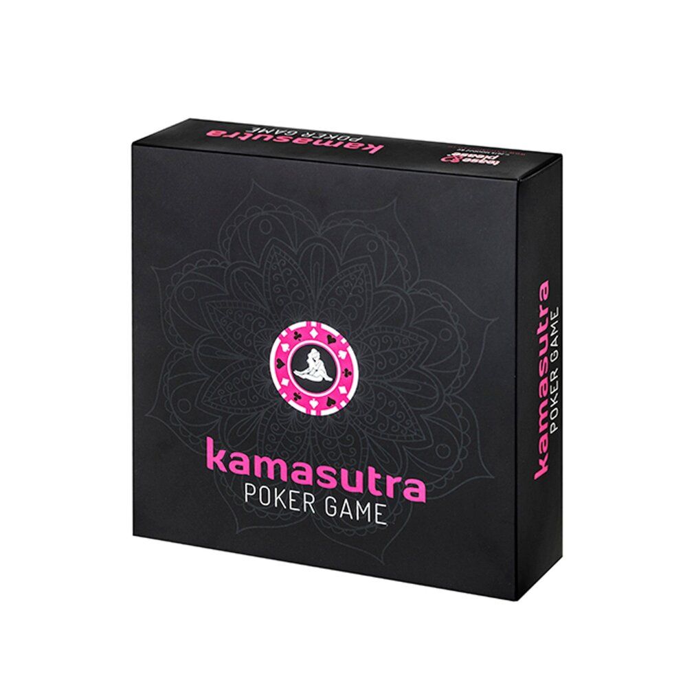 Scatola nera con logo rosa "Kamasutra Poker Game". Design mandala e illustrazione di chip da poker.