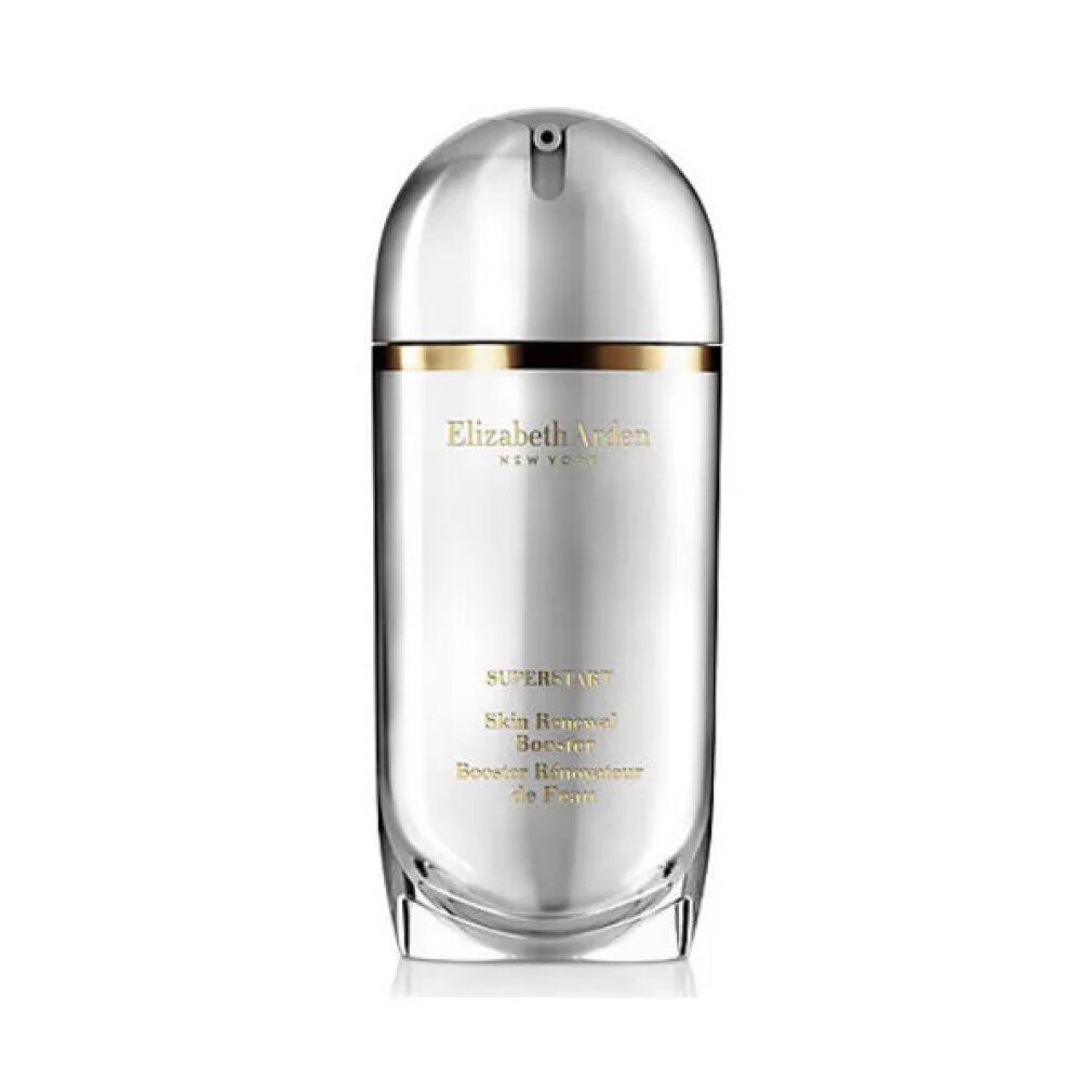 Flacone argento con dettagli dorati. Scritta: Elizabeth Arden, Superstart, Skin Renewal Booster, Booster Réformateur de Peau. Con erogatore.