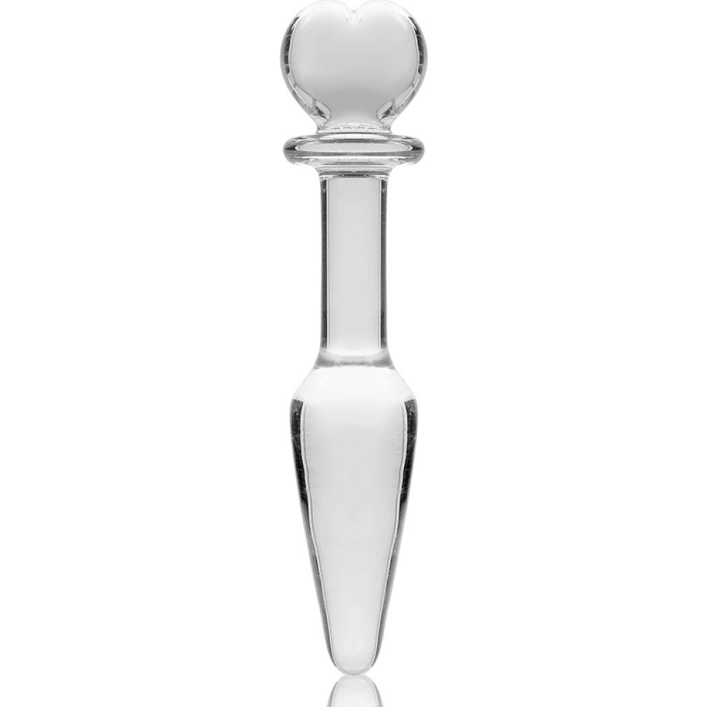 Plug anale trasparente in vetro con impugnatura a cuore e base larga. Lunghezza 13,5cm.