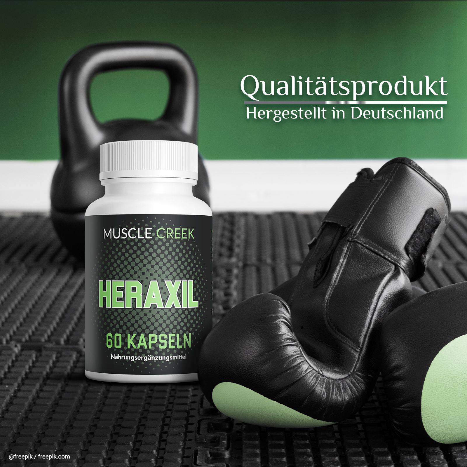 Capsule Heraxil: 60 pezzi in contenitore bianco, vicino a kettlebell e guantoni da boxe. "Prodotto di qualità"