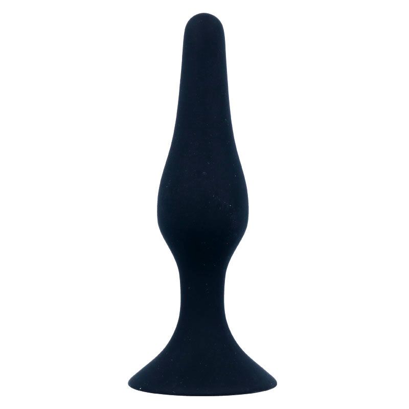 Plug anale nero con base larga e piatta e superficie liscia che si assottiglia verso l'alto.