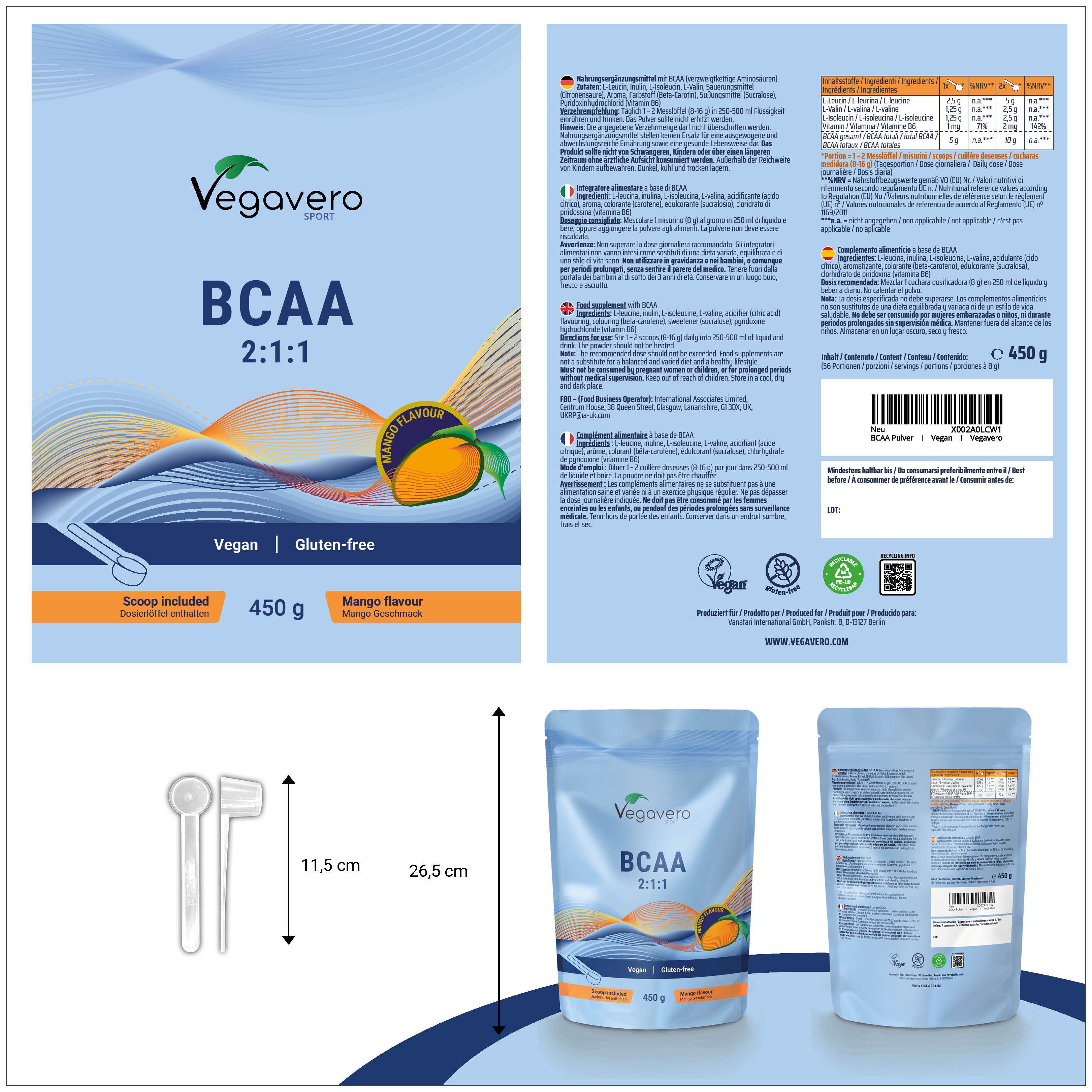 Confezione del prodotto con polvere BCAA. Contiene informazioni, dimensioni e un misurino. Scritta: Vegavaro, BCAA 2:1:1, Mango Flavour, Vegan, Senza glutine.