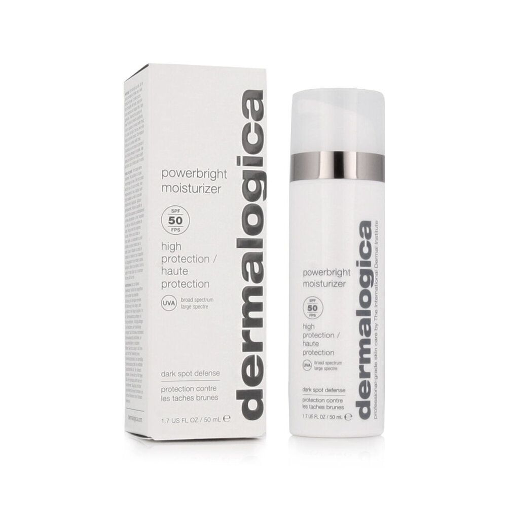 Flacone e scatola bianchi. Testo: Powerbright Moisturizer, SPF 50, Dermalogica. High protection. Dark spot defense.