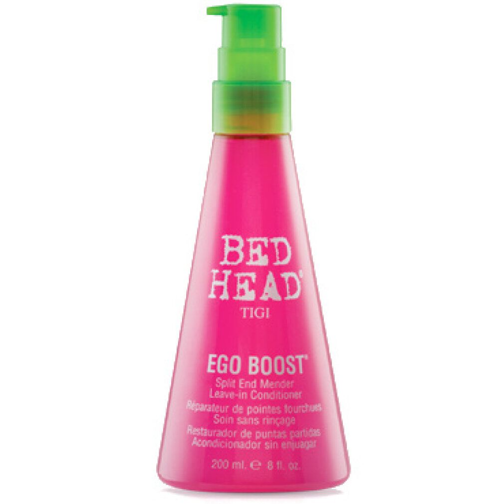 Flacone rosa con erogatore verde. Scritta: BED HEAD, TIGI, Ego Boost. Balsamo leave-in per doppie punte. 200 ml, 6 fl. oz.