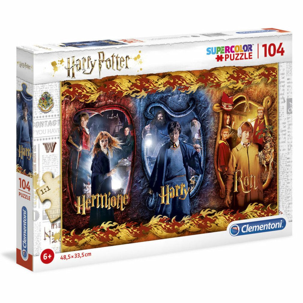 Puzzle con Harry, Ron e Hermione. 104 pezzi. Confezione con nome e logo del prodotto. Dimensioni: 48,5 x 33,5 cm. Clementoni.