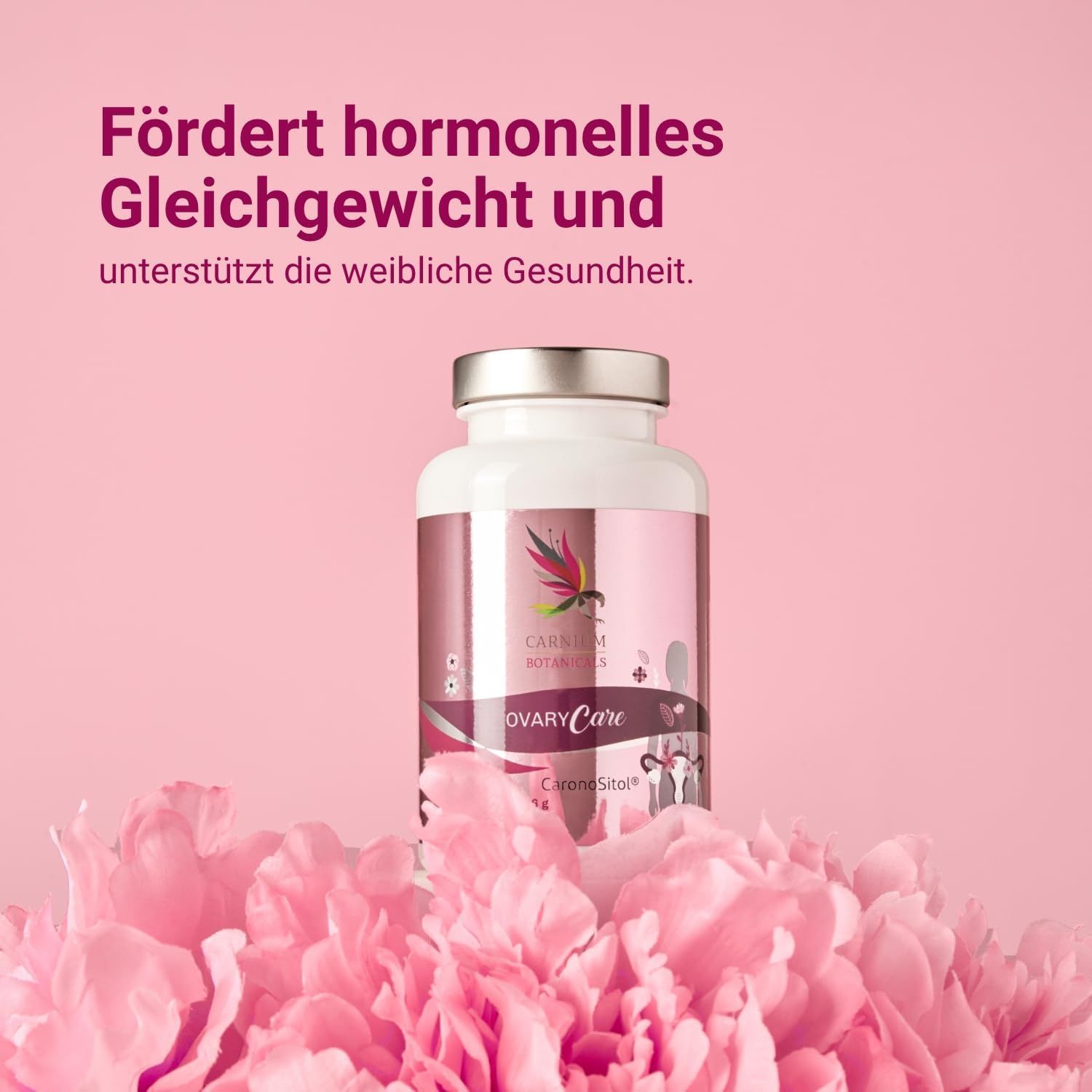 Flacone bianco con etichetta rosa. Scritta: CARNIUM BOTANICALS, OVARY Care. Testo: Promuove l'equilibrio ormonale e supporta la salute.