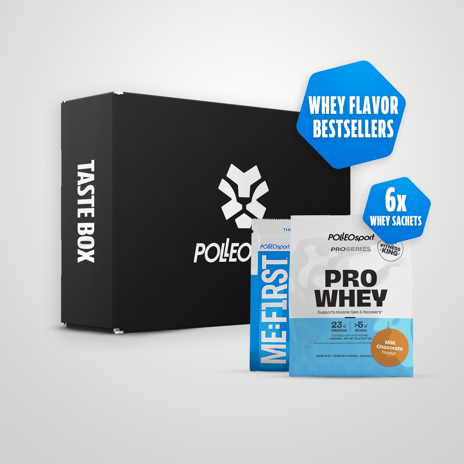 Scatola nera con logo e scritta "TASTE BOX". Campioni di proteine del siero del latte e banner blu con testo. 6 bustine.
