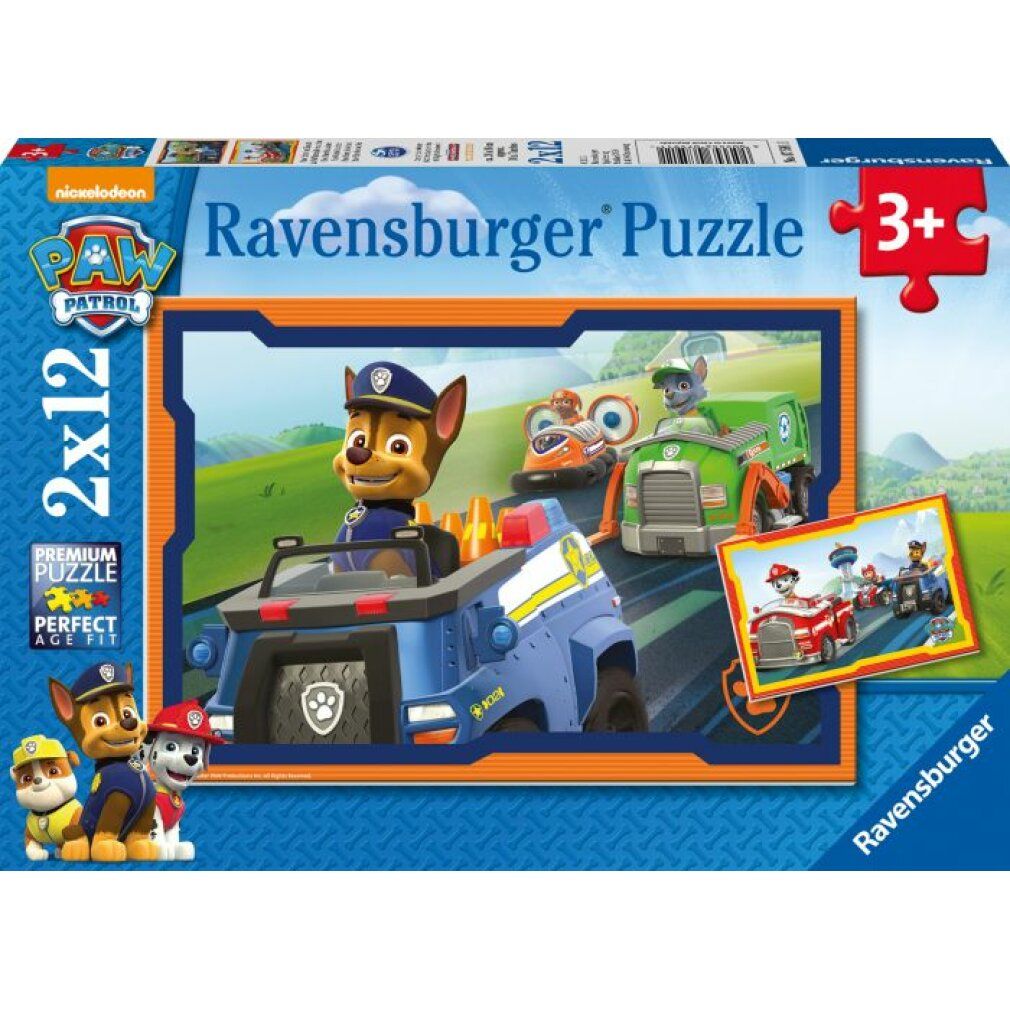 Scatola puzzle Ravensburger con motivo Paw Patrol. Mostra 2x12 pezzi, età consigliata 3+. Confezione con personaggi Paw Patrol.