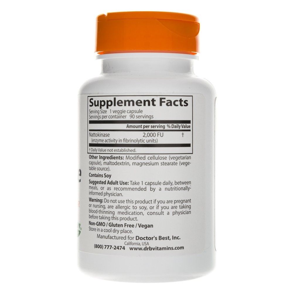 Retro del contenitore Doctor's Best Nattokinase 2.000 FU con informazioni nutrizionali e istruzioni.