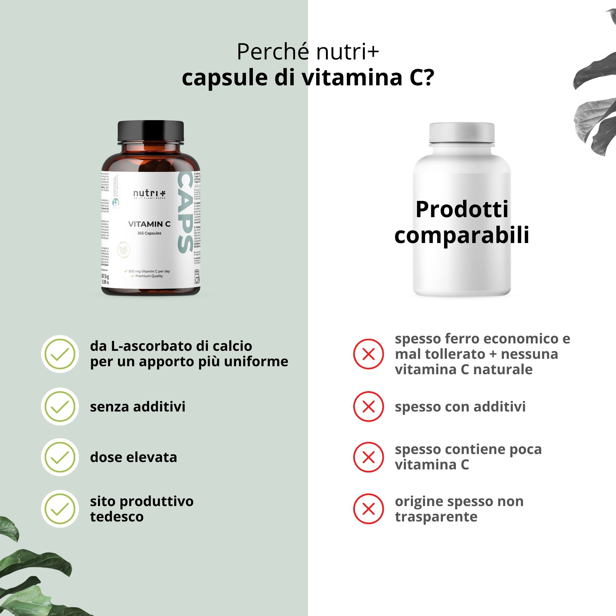 Confronto delle nutri+ capsule di vitamina C con un altro prodotto. Vantaggi nutri+ : L-ascorbato di calcio, senza additivi, ad alto dosaggio, sito produttivo tedesco.