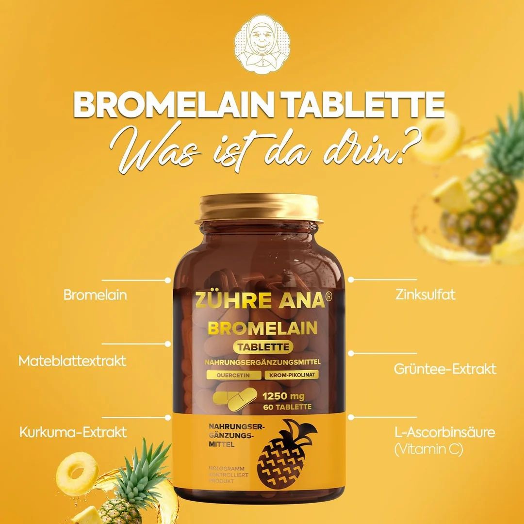 Bottiglia di vetro marrone con etichetta gialla. Scritta: Zühre Ana Bromelain Tablette. Ingredienti: Bromelina, solfato di zinco, ecc. Illustrazione di ananas.