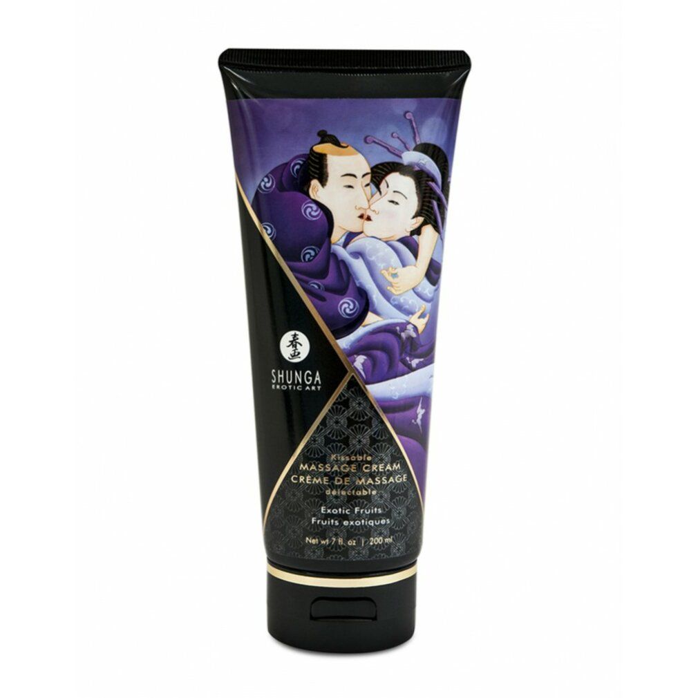 Tubo di crema massaggio, Shunga Exotic Art. Illustrazione di coppia. Scritta: Massage Cream, Exotic Fruits. Tappo nero, tubo viola.