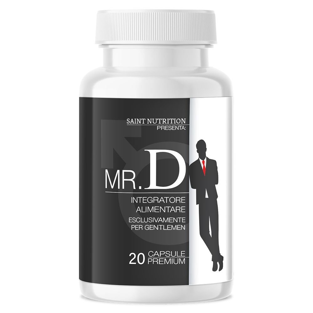 Flacone bianco con etichetta nera. Scritta: Saint Nutrition, Mr. D, 20 Premium Capsules. Silhouette maschile.